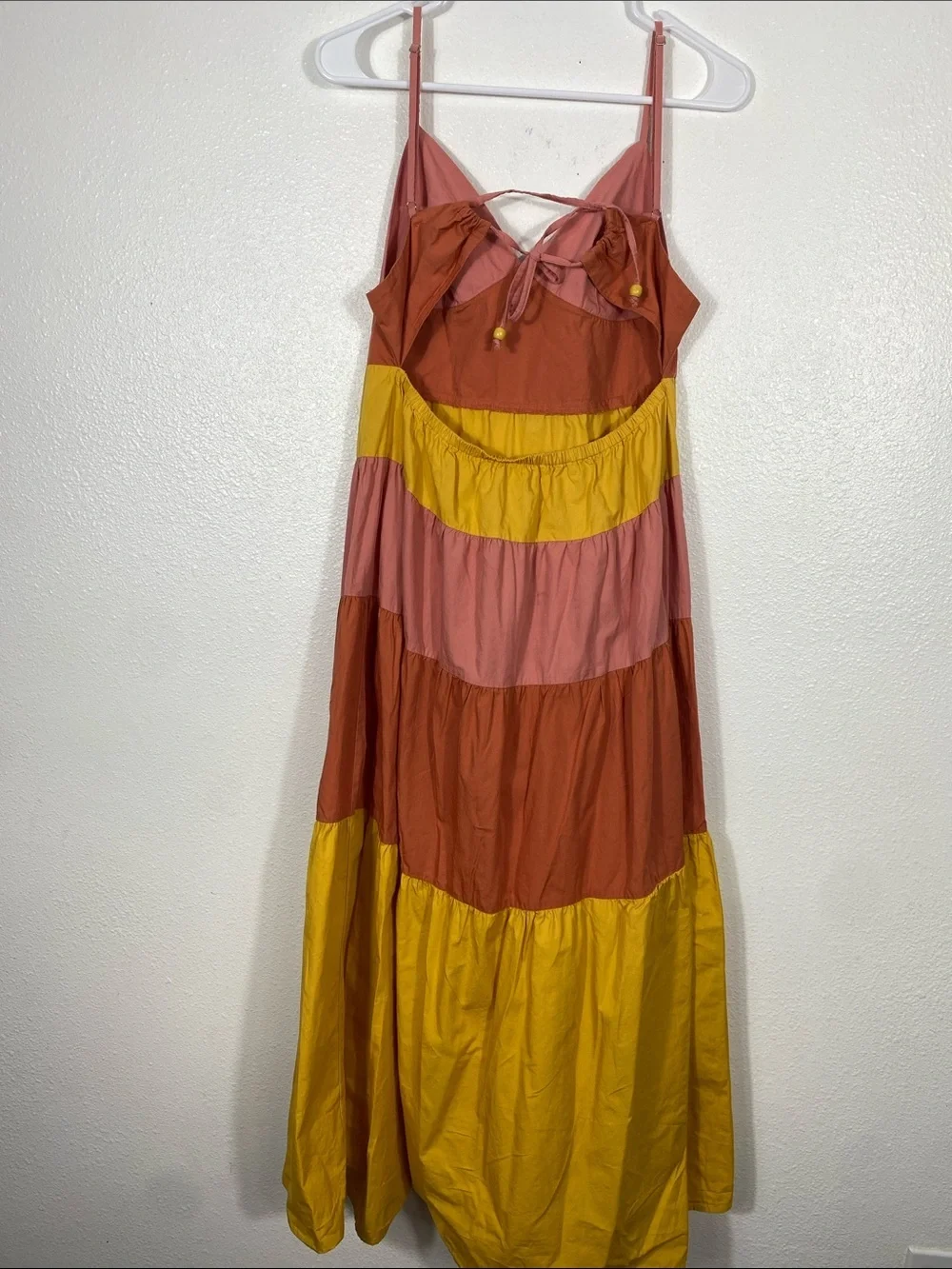 Tiered Colorblock Maxi Dress - Pink, Coral & Yellow Size L 100% Cotton